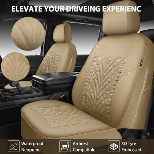 Image of CAR PASS Neoprene Waterproof Seat Covers Full Sets, Wetsuit Car Seat Covers 5 Seats Universal Fit for Vans, Truck, SUV, 3D Tyre Embossed Seat Covers Anti Slip with Armrests, Aibag Compatible All Beige