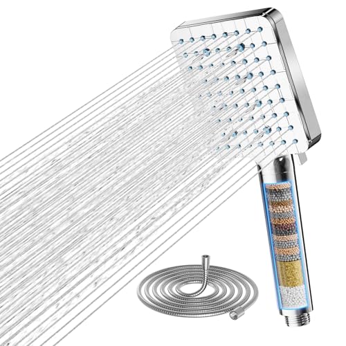 Cobbe Hard Water Filter Shower Head, High Pressure Shower Head and Hose with 20 Stage Filter, 6 Spray Modes Square Powerful Showerhead for Residual Chlorine Remove, Chrome