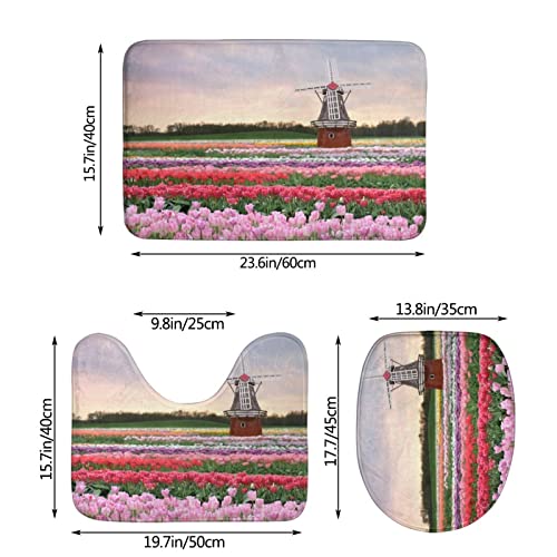 DIRYKILP Badematte + Konturmatte + Toilettendeckelbezug, schönes Blumenfeld 3 Stück Badematte Set, mit rutschfester Klebeunterseite – Bild 4