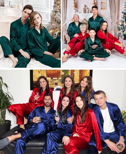 SWOMOG Couples Matching Pajamas Silk Satin Long Sleeve Button Down Sleepwear 2 Pcs Loungewear Mens & Womens Family PJs Set4