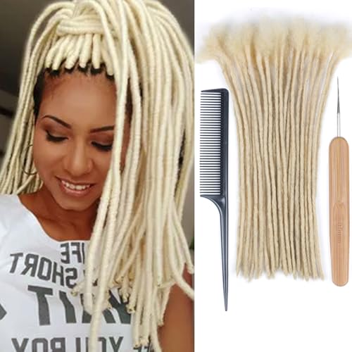 Huarisi 12 Inch Blonde Dreadlock Extensions Human Hair 0.2cm 30 Strands Thin Loc Extensions Real Hair for Men Women Handmade Permanent Dreadlocks #613 Can Be Curled