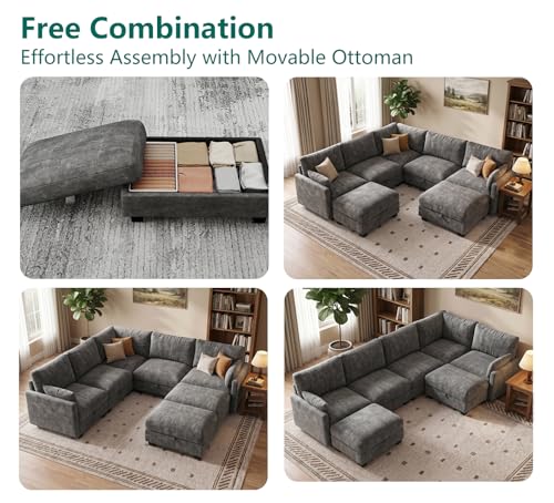 Image of Modular Sectional Sofa, Oversized V-Shaped Couch with Storage | High Resilience Foam, 22 inch Seat Depth, Movable Ottoman, Comfy Chenille, Easy Assembly, Dark Gray