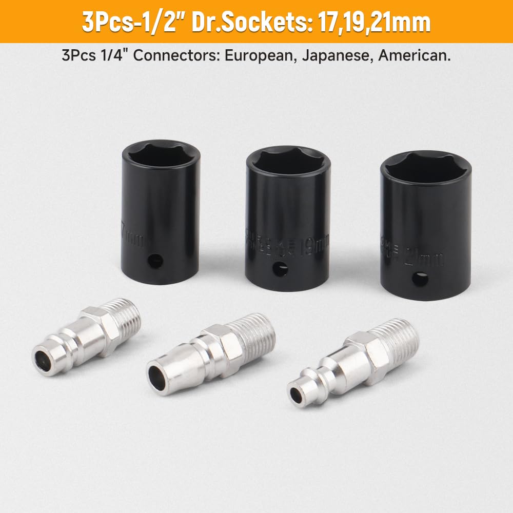 Hoteche Kit chiave pneumatica da 1/2 pollici, pistola a percussione pneumatica con coppia massima di 250 ft-libbre, rimozione dado capocorda ad alta velocità, meccanismo a dondolo per cani, include 3