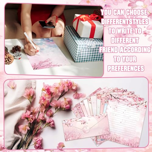 Image of TaoBary 160 Pcs Cherry Blossom Stationery Paper and Envelopes Set 50 Double Sided Lined Stationery Paper with 50 Matching Envelopes and 60 Round Dot Sticker 8.5 x 11'' Letter Writing Kit, 10design