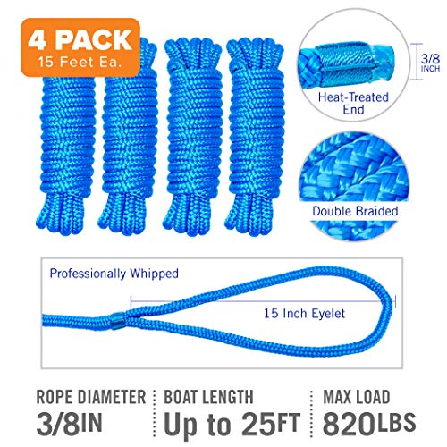 Image of Dock Lines for Boats 3 /8 inch x 15ft, 4 Pack Double Braided Nylon Boat Rope