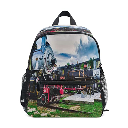 Steam Trains - Mochila vintage para niños y niñas, pequeña bolsa de hombro escolar con etiquetas de nombre, bolsa de viaje para estudiantes preescolares, bolsa de pañales para jardín de infantes con