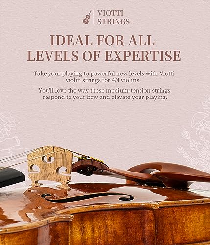 Image of Viotti Violin Strings 4 /4 Full Set | Medium Tension Synthetic-Core Strings with Gold E String for Brilliance, Power & Projection, Silver Wound D & G Strings, and Aluminum Wound A String