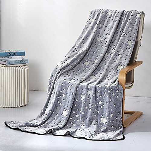 Glow In The Dark Throw Blanket Birthday Gifts For Kids 50" X 60" Grey Galaxy Stars Luminous Shining Flannel Fleece Bed Blanket Super Soft Couch Sofa Nap Cover Blanket For Girls Boys #TOP5