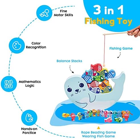 Nukied Wooden Magnetic Fishing Games 18PCS 3 in 1 3D Fish Catching Counting Wooden Lacing Beads Montessori Toys Educational Learning Toys for 2 3 4 5 6 Years Old Kids Toddler Boys Girls
