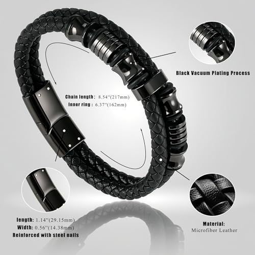 Mens Bracelet, Gifts for Men, Double-Row Black Braided Leather with Black Stainless Steel Jewelry Bracelet 7.5 inches, 8.5 inches, 9.5 inches Perfect for fathers, friends, and brothers2