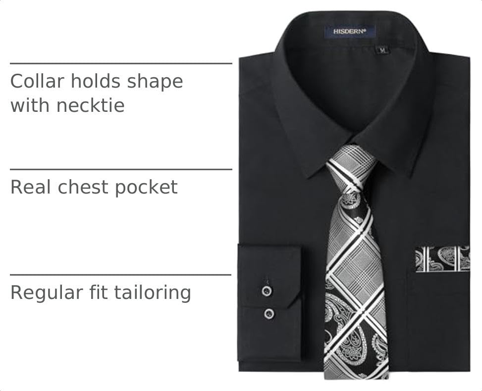 Image of HISDERN Mens Dress Shirt with Tie Pocket Square Set Classic Button Down Shirt Matching Tie Long Sleeve Shirts