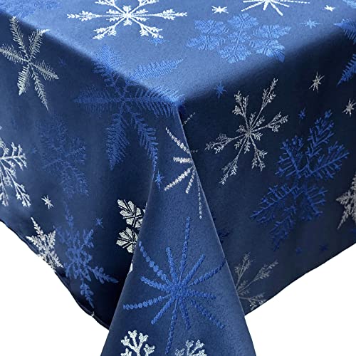 CAIT CHAPMAN HOME COLLECTION Holiday Blue Snowflakes Metallic Jacquard Woven Tablecloth (70" x 108" Rectangle) by CAIT CHAPMAN HOME COLLECTION - Image 2