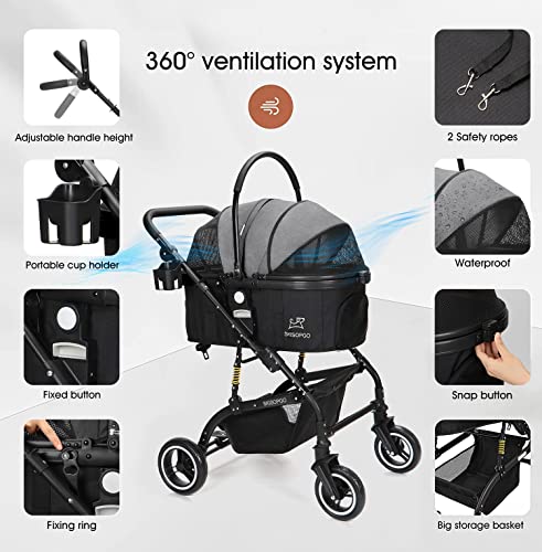 3-in-1 Pet Strollers for Small Medium Dogs Cat with Detachable Carrier Foldable Travel Pet Gear Stroller (Black & Gray)