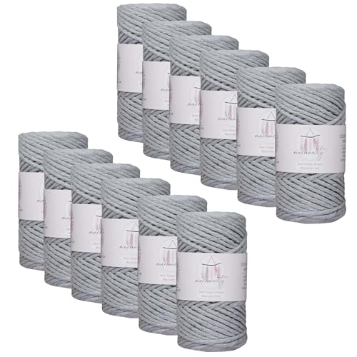 Makromecity, 12 Skeins of Single Strand Macrame Cord 3 mm x 100 Yards (300 feet) 3mm Single Strand Natural Cotton Cord for Macrame Art & Crafts for Wall Hangings Recycled Cotton (Gray, 12 Skeins)