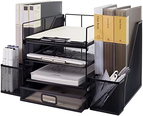 Winblo Desk Organizer, 4-Tier Mesh Organizers with 2 File Holders, Paper Letter Tray Organizer Storage with Drawer & 2 Pen Holders, Home Office Supplies Desktop Accessories & Workspace Organization