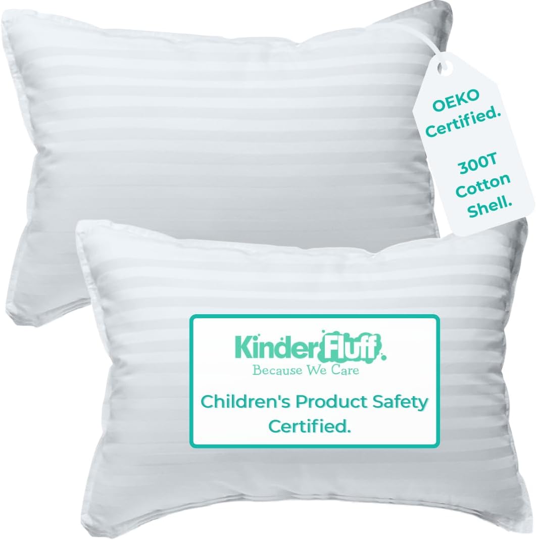 kinder Fluff Pre-Teen Pillow 2X–Certified Hypoallergenic Award Winning Youth Pillow (no Pillowcase Needed) 300TC Pure Cotton Shell and Down Alternative Fill. Toddler Bedding Kids Pillow 12+ White