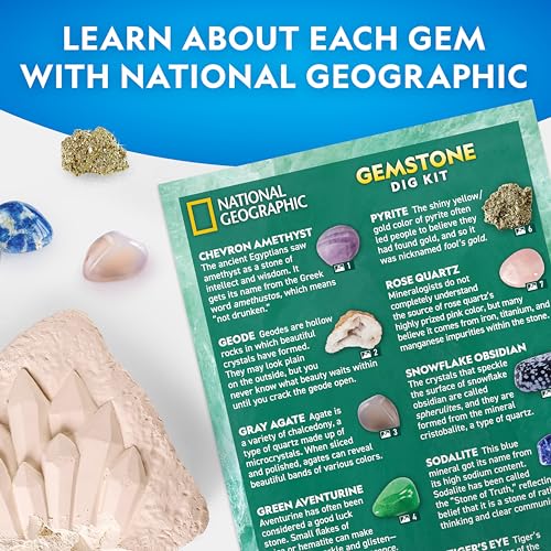 NATIONAL GEOGRAPHIC Gemstone Digging Kit with 10 Real Gemstones for Kids, Discover Gemstones with Digging Tools and Magnifying Glass, Science Kit