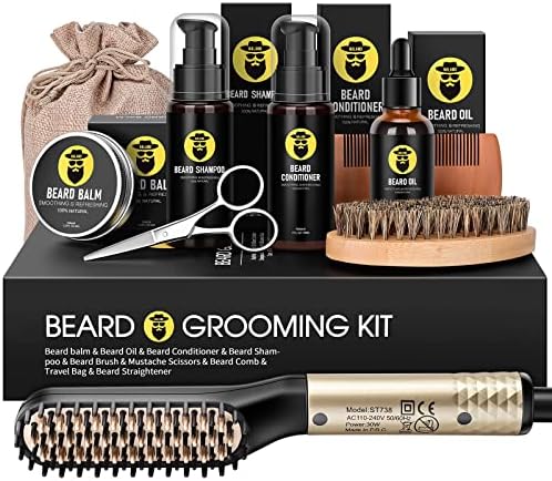 Beard Straightener Kit, Beard Growth Grooming Kit, Beard Straightener, Beard Growth Oil, Beard Wash Shampoo, Conditioner, Balm, Wax, Comb, Brush, Scissor, Bag, Gifts for Men Him Dad Boyfriend