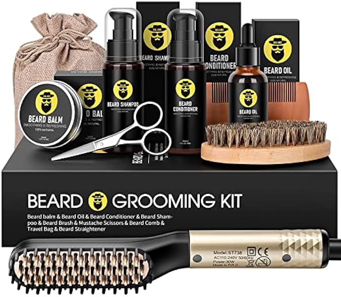 Beard Straightener Kit, Beard Growth Grooming Kit, Beard Straightener, Beard Growth Oil, Beard Wash Shampoo, Conditioner, Balm, Wax, Comb, Brush, Scissor, Bag, Gifts for Men Him Dad Boyfriend