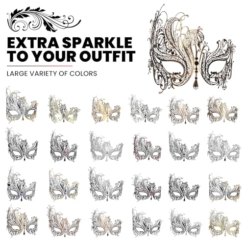 Image of Metal Filigree Masquerade Mask for Women - Swan Style Mask with Rhinestones for Mardi Gras, Prom, Halloween & Venetian Party