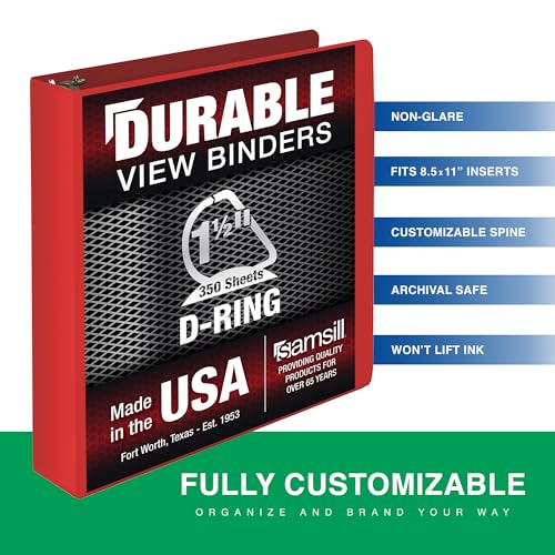 Image of Samsill Durable 1.5 Inch Binder, D Ring Binder, Customizable Clear View Cover, Ruby Red, Holds 350 Pages