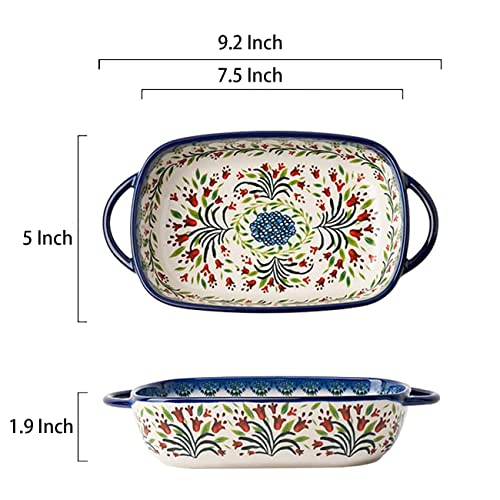 Bicuzat Vintage Style Tulip Flower Pattern Ceramic Bakeware Casserole Dish Baking Pan Lasagna Pans Baking Dish with Handles for Oven/Cooking/Kitchen-1 PCS-22 OZ