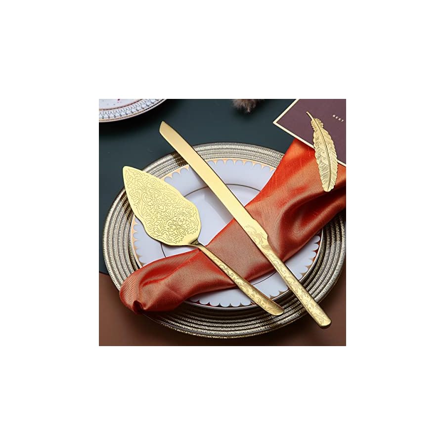 Berglander Gold Wedding Cake Knife and Server Set, Titanium Gold Plating With Unique Pattern Design Cake Cutter Serving Set Perfect For Wedding, Birthday, Parties and Events Dishwasher Safe