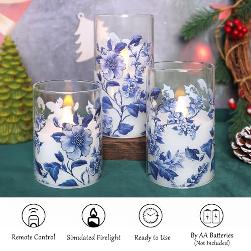Image of Flameless Candles Glass with Remote Control & Timer Function, Blue and White Porcelain Theme Design, Home Party Wedding Christmas Valentine's Day Decor, Set of 3