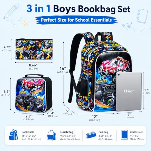 Image of HPJGD 3PCS Truck Backpack for Boys, Water Resistant Kids Bookbag Set with Lunch Box, Cool School Bag for Preschool Toddler - Teeth Truck