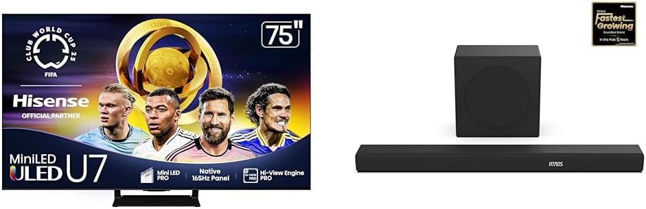 Hisense 75U75QG Mini-LED 4K UHD Smart Google TV AX3100Q 3.1Ch Sound Bar with Wireless Subwoofer