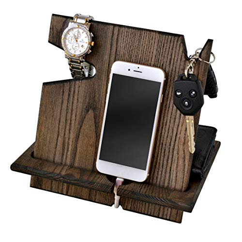 Preisvergleich Produktbild MyFancyCraft Telefon-Dockingstation aus Holz mit Aussparungen für Schlüsselhalter, Geldbörsenständer aus Eiche und Uhren-Organizer, Geschenk für Herren, kompatibel mit jedem Telefon.