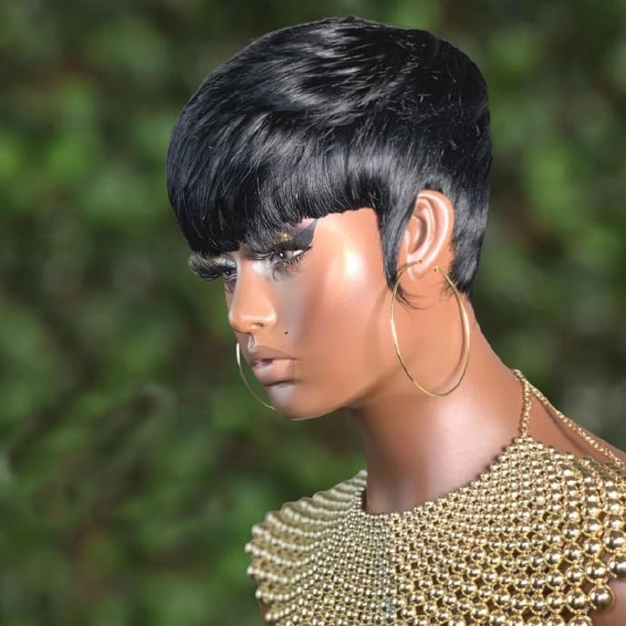 Miniatura 3 de Pelucas de cabello humano para mujeres negras, pelucas cortas de corte Pixie, pelucas cortas de corte de pelo en capas con flequillo, pelucas hechas