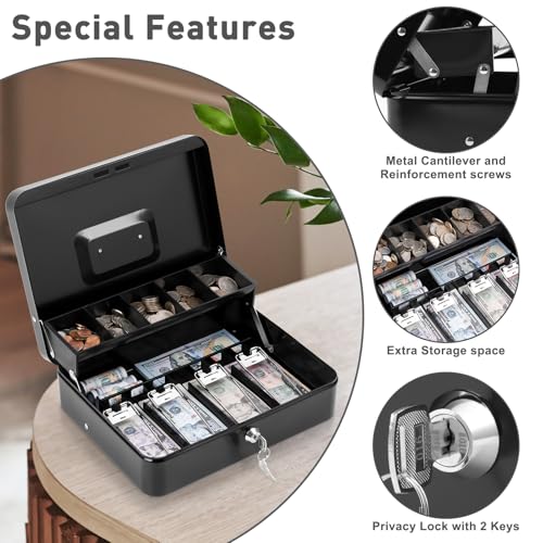 KYODOLED Cash Box with Key Lock–0.7mm Thick Metal Money Box for Flea Market Vendors, Craft Fairs & Small Business–Portable Cash Drawer with Auto-Pop Coin Tray & Windproof Bill Clips (11.8", Black) by KYODOLED - Image 5