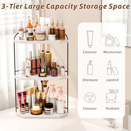 Image of Corner Bathroom Counter Organizer, 3-Tier Wood Countertop Organizer | Skincare Organizers for Vanity, Makeup Storage, Counter Corner Shelf for Kitchen, Bathroom, Dresser, White