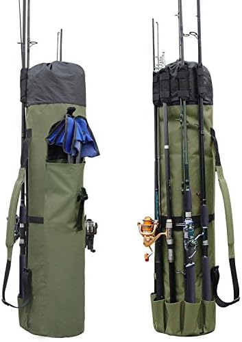 Allnice Durable Canvas Fishing Rod & Reel Organizer Bag Travel Carry Case Bag- Holds 5 Poles & Tackle (Khaki Green)