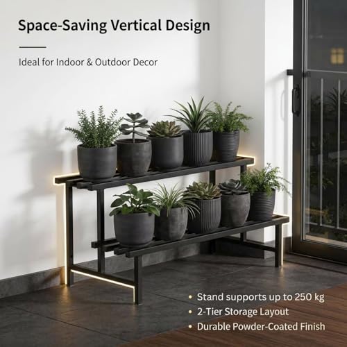 Image of Mighty Home 2-Tier Metal Plant Stand, Stylish & Sturdy Iron Rack for Home, Balcony & Garden, Space-Saving, Durable, Ideal for Indoor & Outdoor Decor, Black, Single Pack