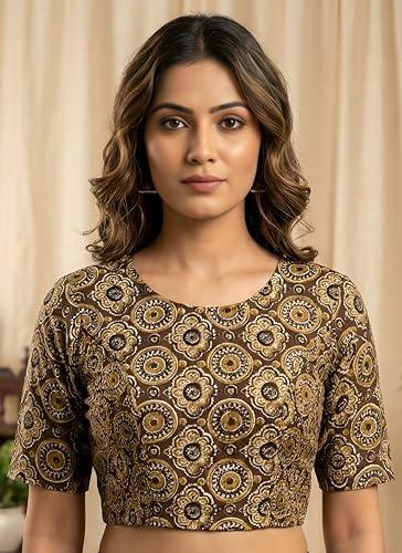 Image of Yash Gallery Women's Ethnic Printed Cotton Crop Blouse Top with Both Side Bobbin Elastic | Traditional Short Sleeve Ajrakh Patterned Boho Ethnic Wear | Casual & Festive Fashion Blouse for Women