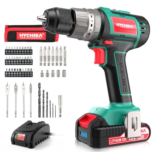 HYCHIKA Cordless Power Drill Set 18V, Electric Drill 60Nm Max with 21+3 Torque, 2.0Ah Brushless Motor, 53Pcs Combi Accessories for DIY Home Projects