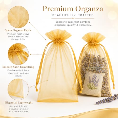 Image of Hopttreely Gold Organza Gift Bags 6x9 Inch, 50PC High-Density Drawstring Mesh Favor Packaging for Jewelry Candy Sachet Goodie, Mini Mesh Favor Bags for Graduation Wedding Baby Shower Birthday Party Gifts