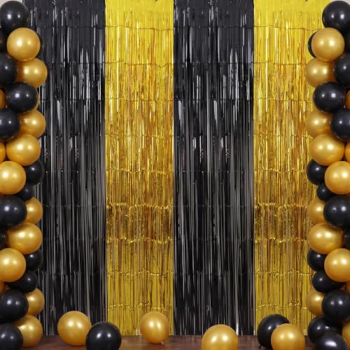 Image of TONIFUL 2Pcs Black and Gold Metallic Tinsel Foil Fringe Curtains Streamers | 3.3ftx6.6ft Photo Booth Backdrop Tinsel Streamer Curtain, Props for Bachelorette Birthday New Year Graduation Christmas Decor