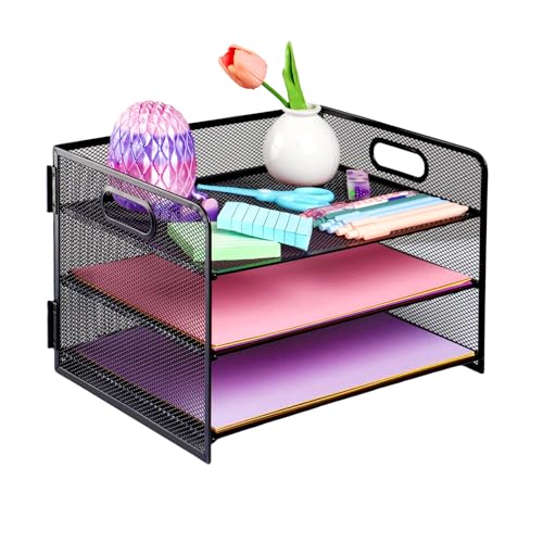 EasyOFC 3-Tier Mesh Desk Organiser Letter Tray with Handle A4 Paper File Holder for Office Home School Black