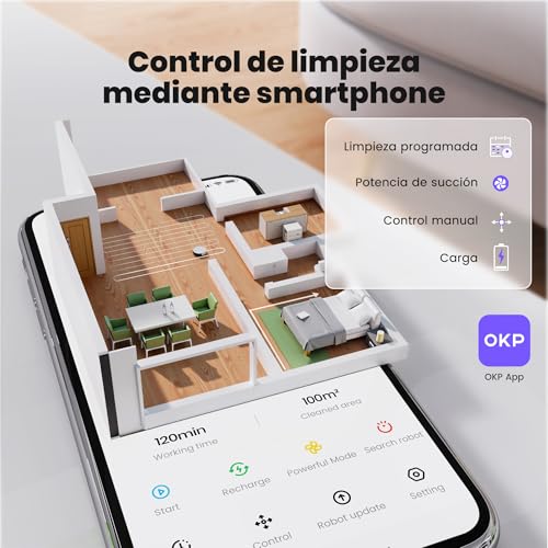 OKP K5 Aspirateur Robot avec Télécommande, 2500 Pa, 120 Min, Minceur 7,8 cm, Silencieux, 4 Modes de Nettoyage, Recharge Automatique, Wi-FI/Application/Alexa, Idéal pour sols, Tapis et Poils d’Animaux
