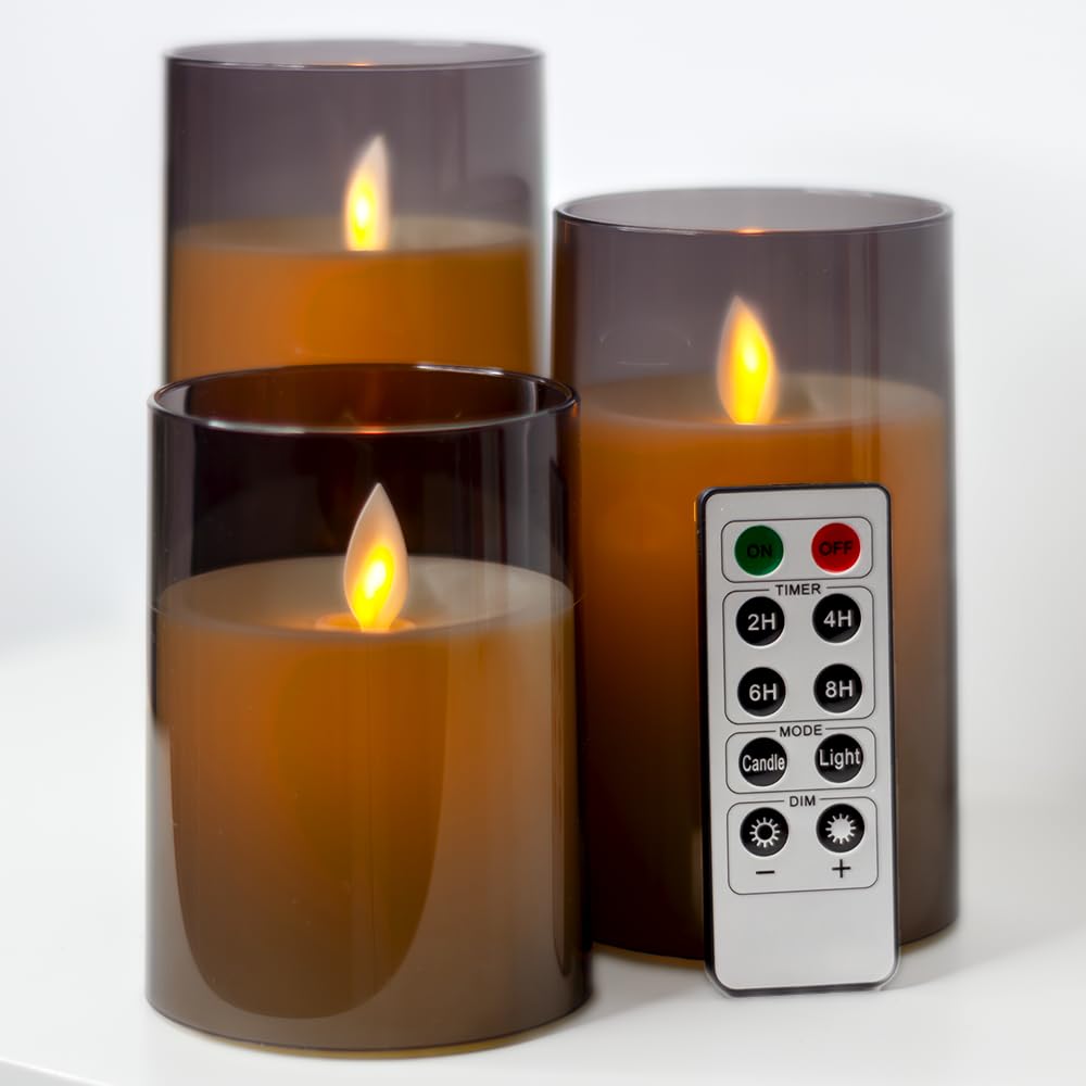MUCH SIMPLE Velas LED, Vela LED Efecto Llama,Vela de Vidrio 3D Realista sin llama Efecto,control remoto temporizador,Velas Decorativas de pilas,Navidad,Fiestas,Cumpleaños,Bodas, salon,casa (Gris)