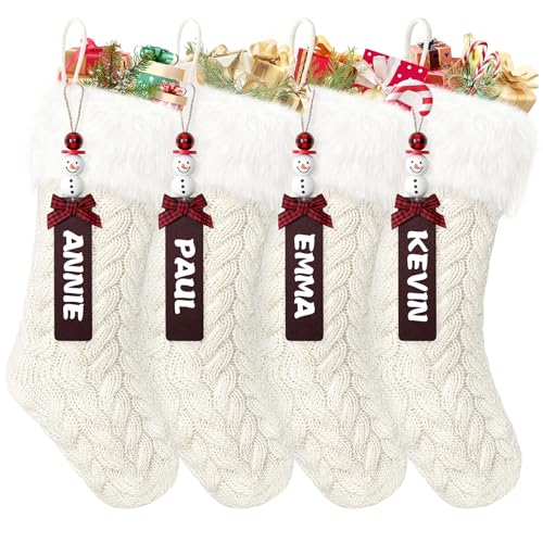 SOMYTING 4 Calcetines de Navidad de Punto de Lana con Etiquetas de Nombre de Muñeco de Nieve Calcetines de Navidad Decoración para Fiestas de Navidad Regalos Infantiles