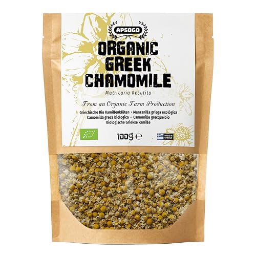 APSOGO Manzanilla Orgánica a Granel 100 g – Flores Secas de Manzanilla de Grecia – Infusión de Manzanilla Pura Orgánica – Té de Camomila Natural para Relajación y Digestión