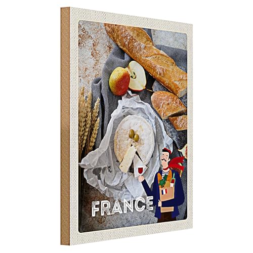 Plaque en Bois | France | Baguette, Fromage et Vin | 30 cm x 40 cm