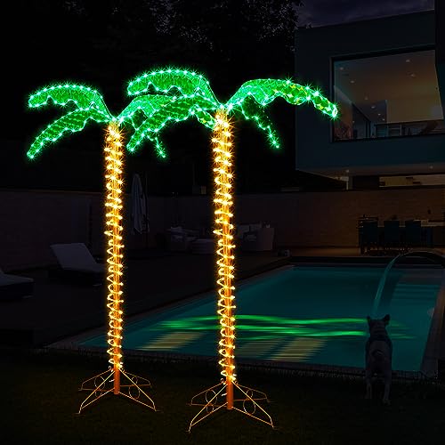 Fabbay 2 Pcs 5 ft LED Lighted up Palm Tree for Outside Patio Artificial Fake Light up Palm Tree Decor for Outdoor Indoor Home Outside Yard Tropical Party Pool Hawaiian Bar Christmas