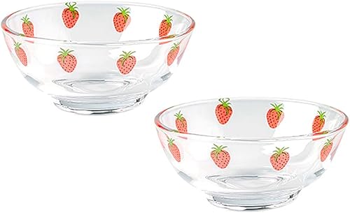 Sizikato 2 cuencos de fruta de vidrio transparente, cuenco de aperitivos de 6 onzas, cuenco de postre, lindo patrón de fresa