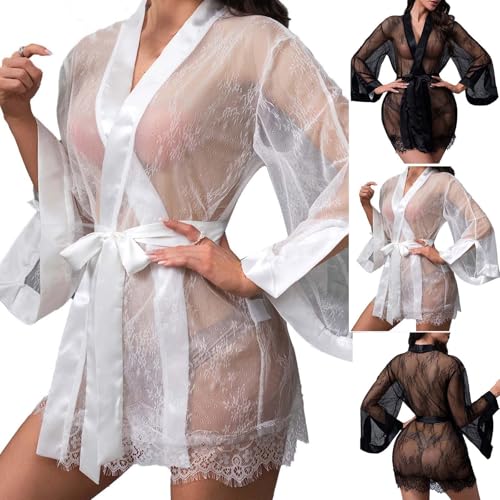Mzkdieey Women's Sexy See Through Lace Mini Robe Fashion Flare Sleeve Wrap Sheer Boudoir Lingerie Naughty Teddy Babydoll Black