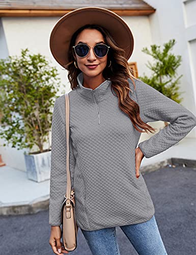 Women Half Zipper Long Sleeve Pullover Quilted Pattern Hoodie Casual Sweatshirt Stand Collar Tops With Pocket Grey L #TOP1